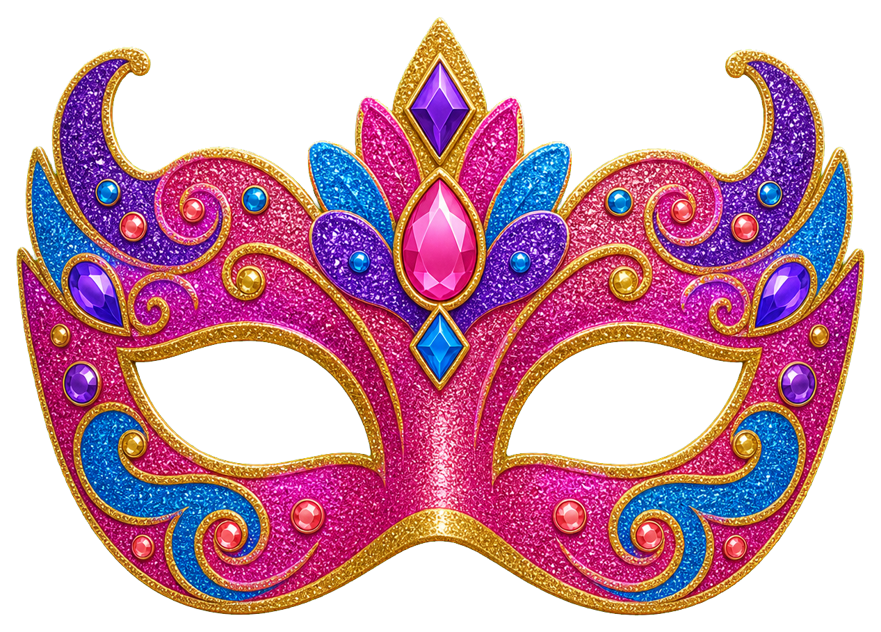 Colorful glitter masquerade mask with pink, purple, and gold decorative details