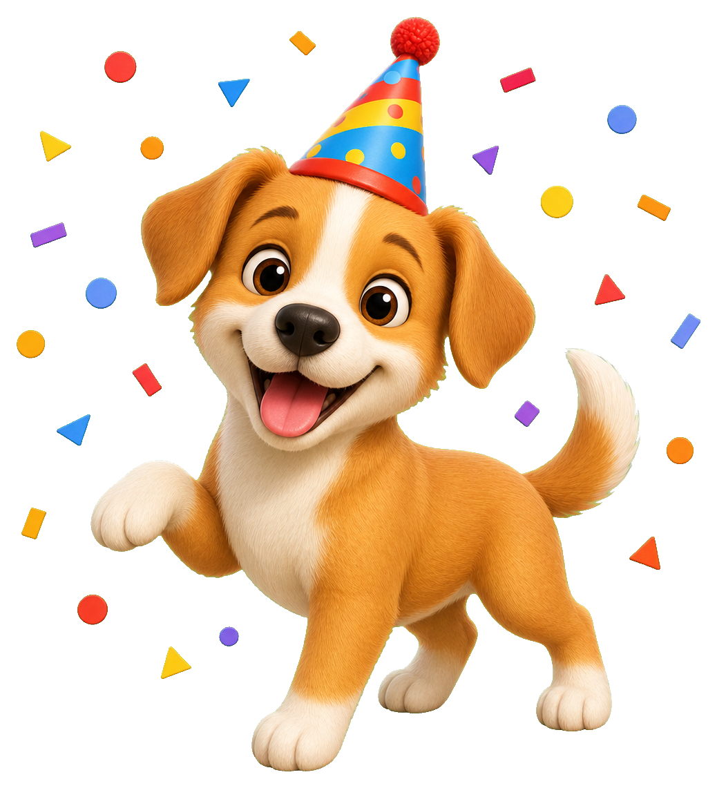 Happy cartoon puppy wearing a party hat with confetti around it