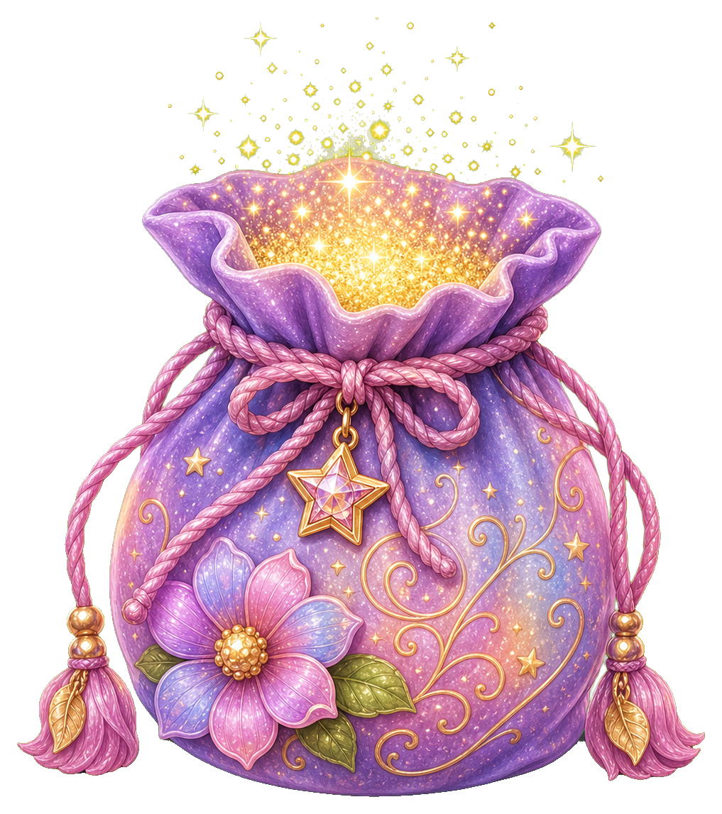 Purple fairy dust pouch with sparkling stars, tassels, and a flower decoration