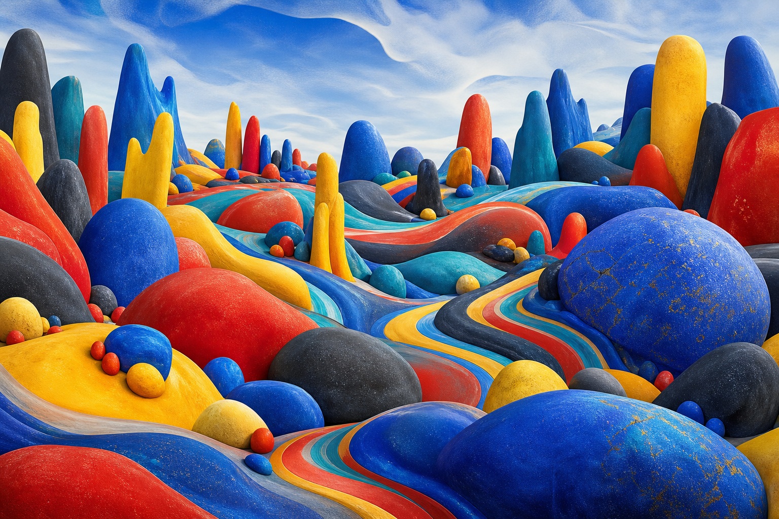 Colorful surreal landscape with rounded hills, winding paths, and tall abstract shapes under a blue sky.