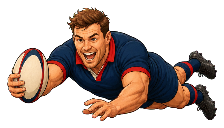 Caricature rugby player diving forward with a ball to score a try.