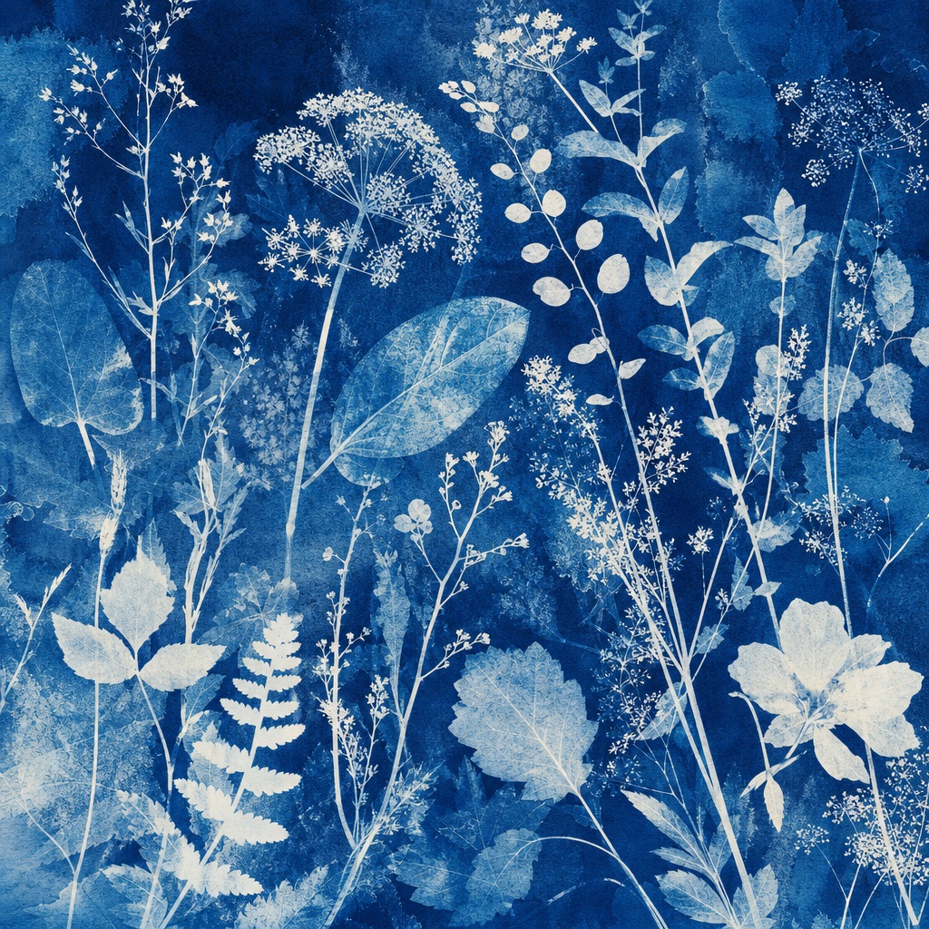 Blue cyanotype-style background with delicate botanical leaves, stems, and fern-like shapes.
