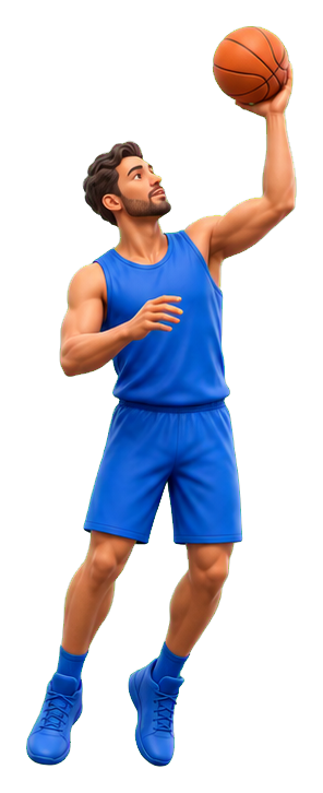 Clay-style basketball player in blue uniform making a hook shot