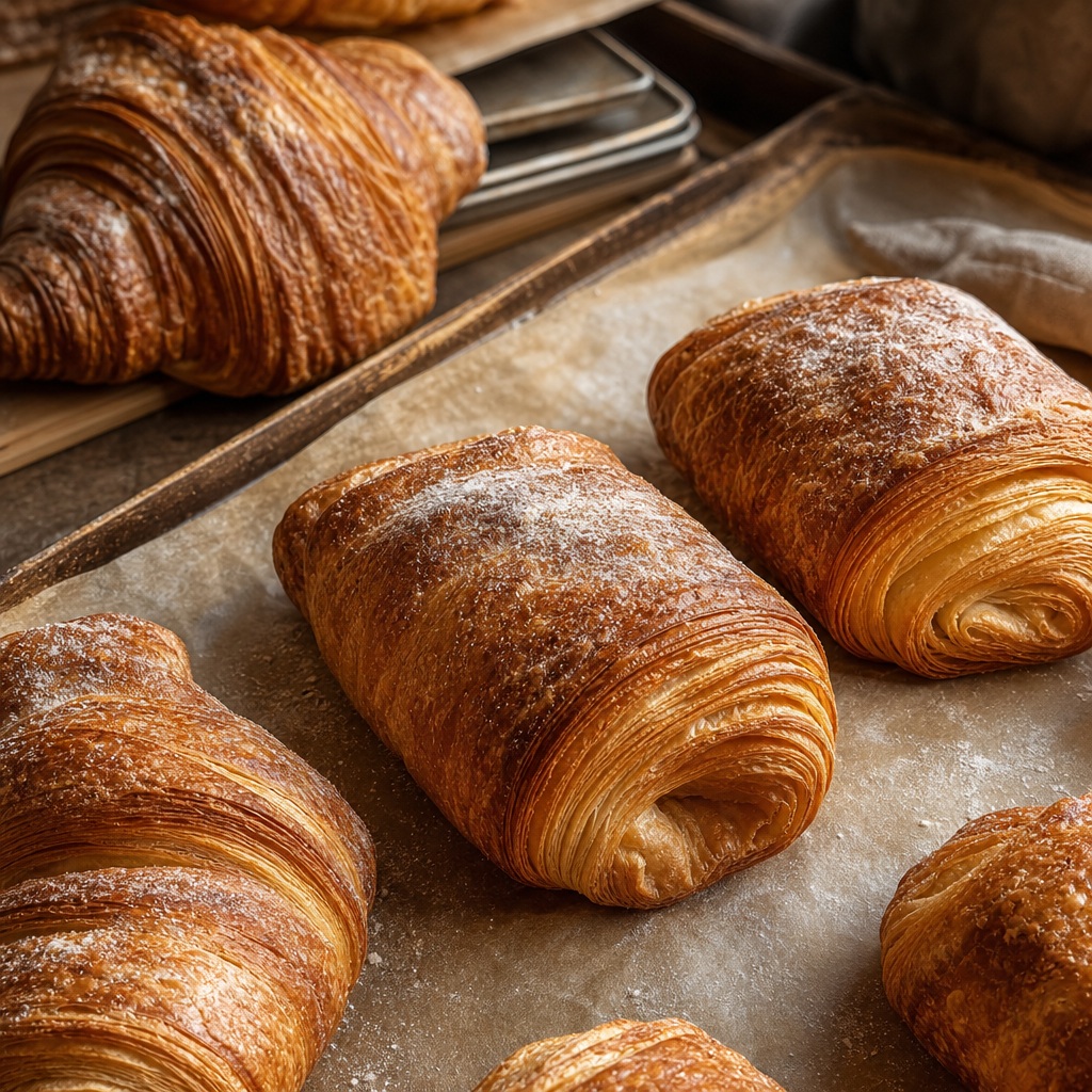 Golden laminated pastries and a croissant on a rustic baking tray under side lighting.