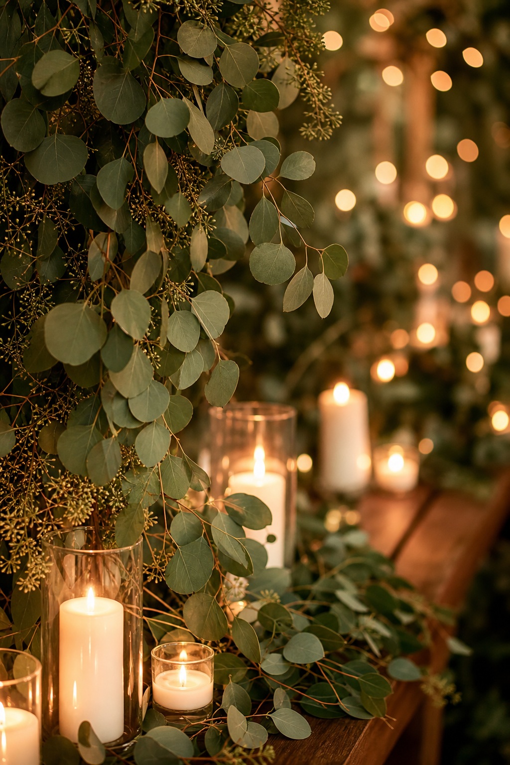 Vertical eucalyptus leaves with glowing candles and soft warm lights