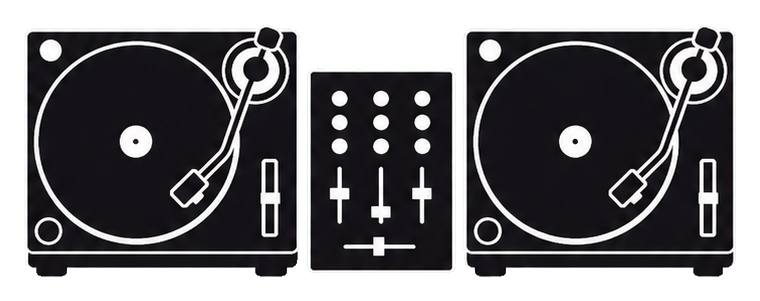 Black and white twin turntables with a central mixer panel