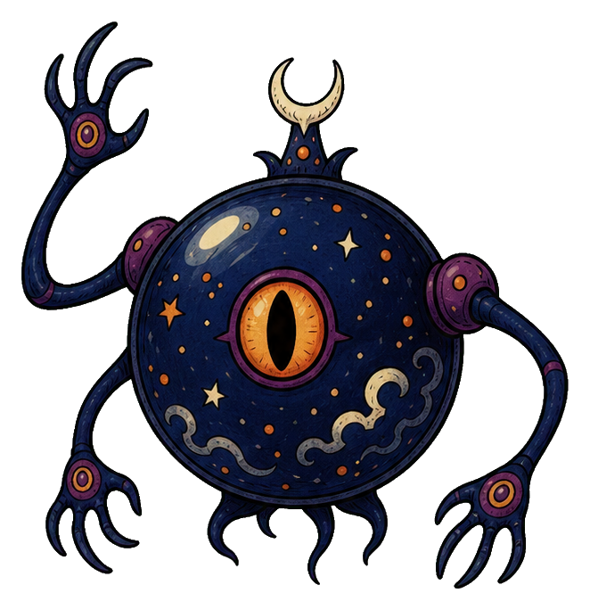 Dark orb alien with a crescent crown, glowing eye, and small tentacle-like limbs