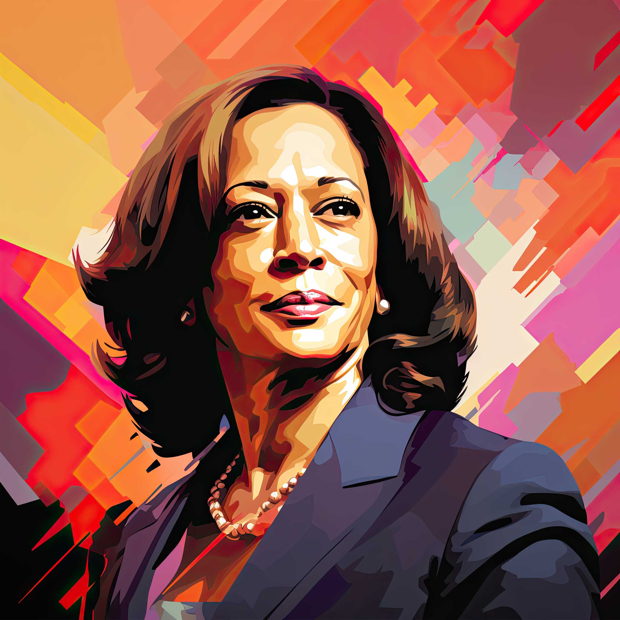 Abstract portrait of Kamala Harris with a colorful background