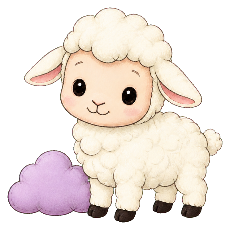 Cute fluffy lamb sitting beside a small pastel purple cloud.