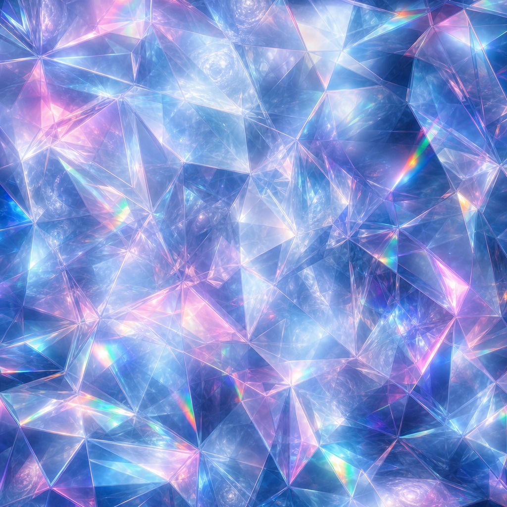 Blue and pink iridescent prism facets with soft glowing light reflections
