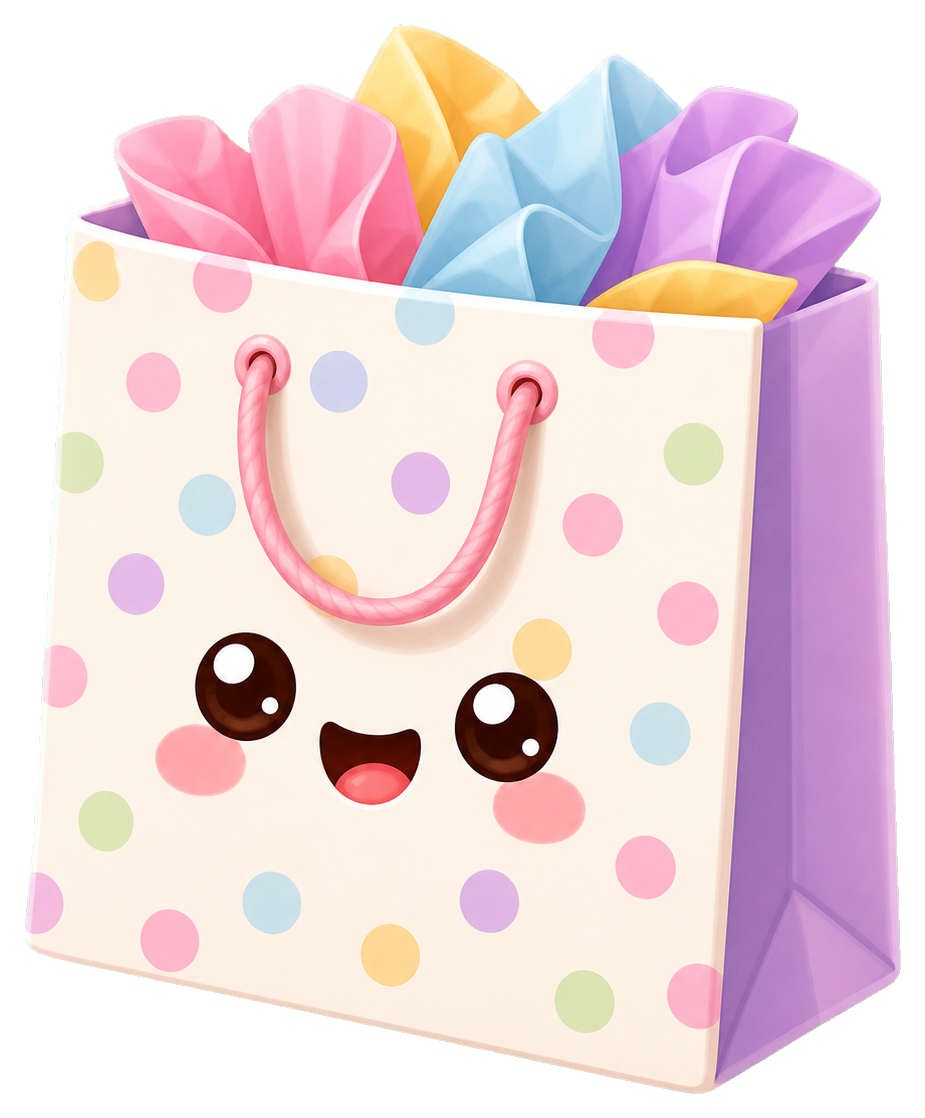 Cute pastel polka dot gift bag with smiling face and tissue paper