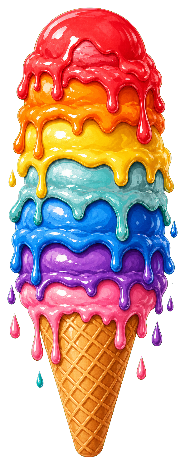 Rainbow ice cream cone with layered colorful scoops and dripping icing
