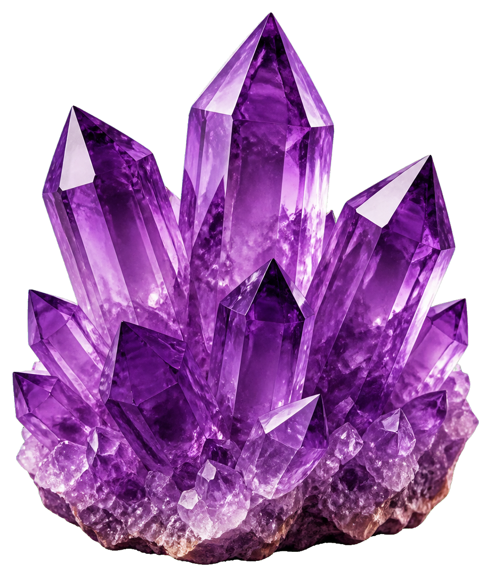 Purple amethyst crystal cluster with pointed translucent crystals on a rocky base
