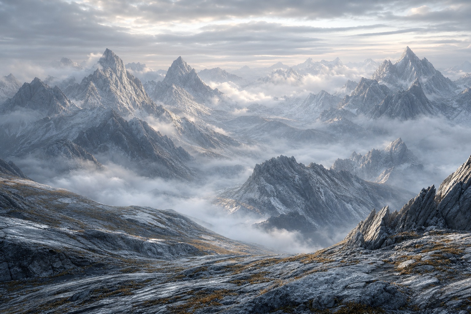 Preview for Silver Dawn Cloud-wrapped Peaks Background