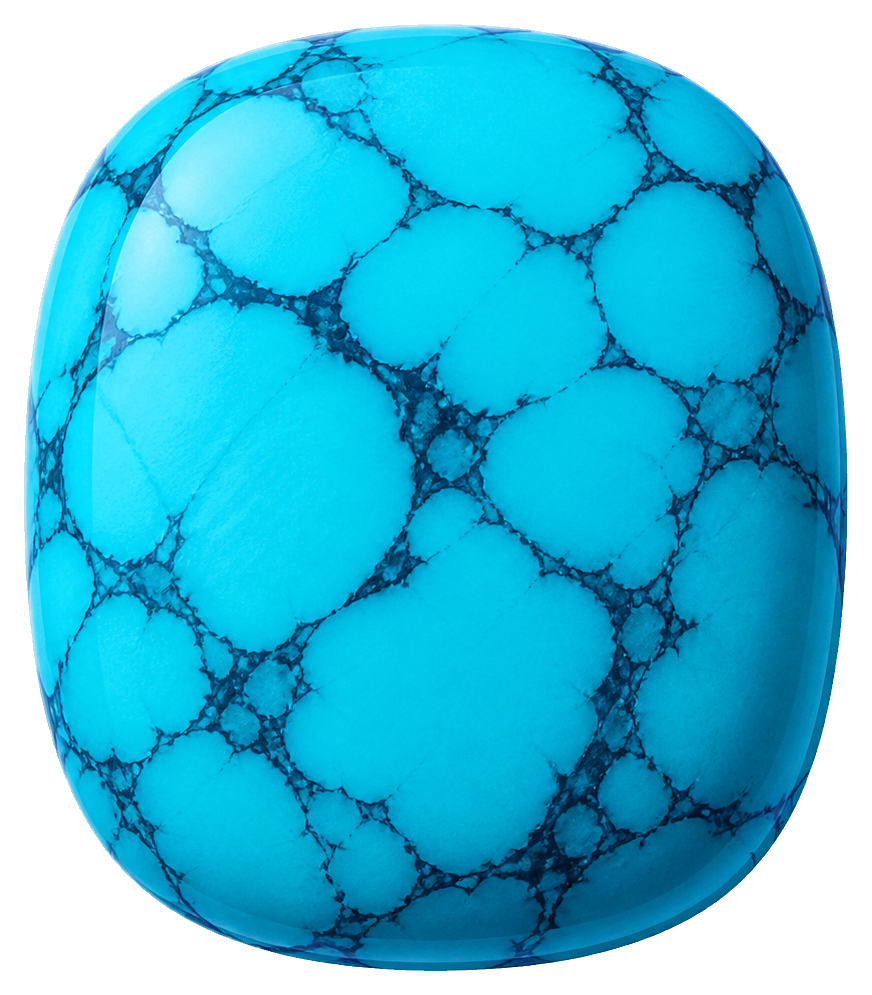 Bright turquoise cabochon gemstone with dark marbled veining