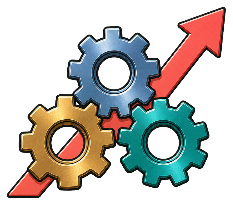 Three interlocking gears with an upward red arrow behind them