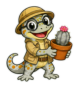 Cartoon lizard in a botanist outfit holding a potted cactus with a flower.