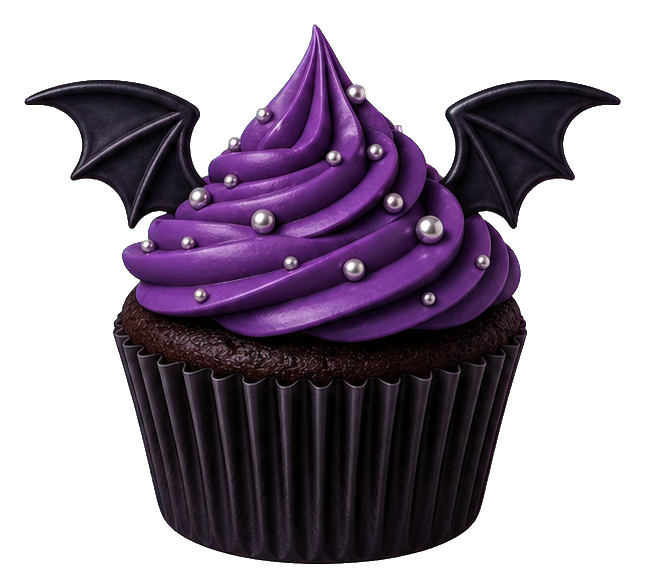 Purple frosted cupcake with black bat wings and dark cupcake liner