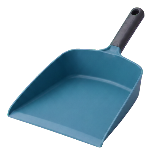 Blue dustpan with a black handle shown at an angle on a transparent background.