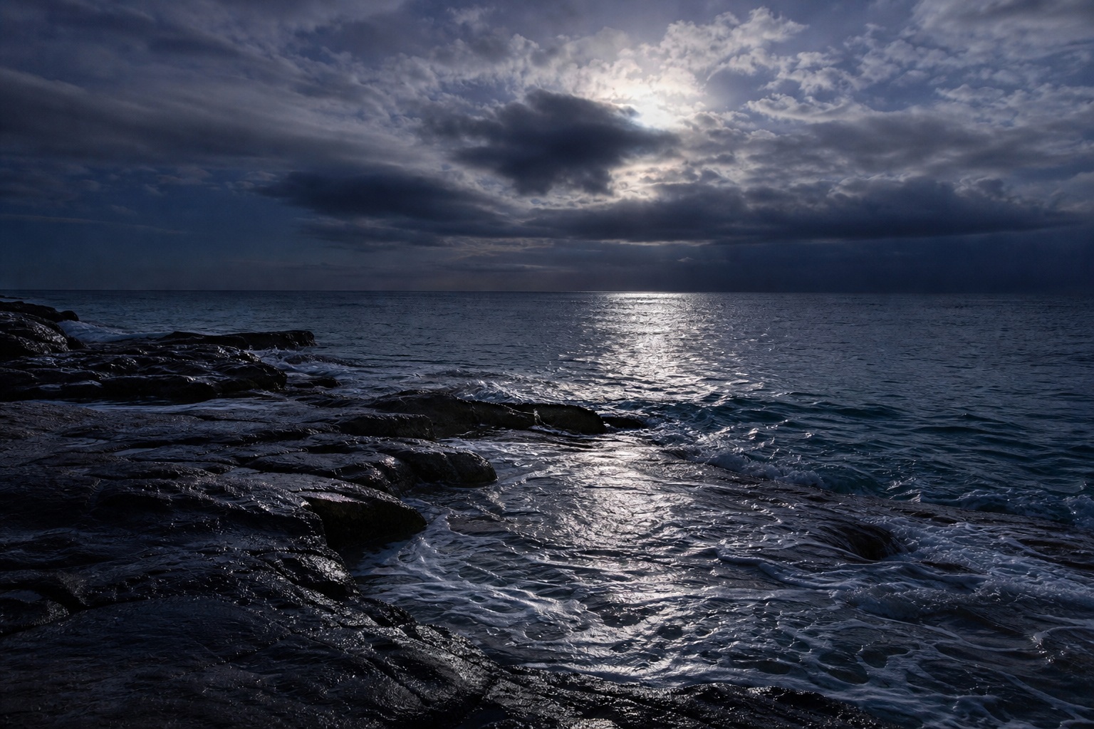 Preview for Moonlit Ocean Rocky Shoreline Background