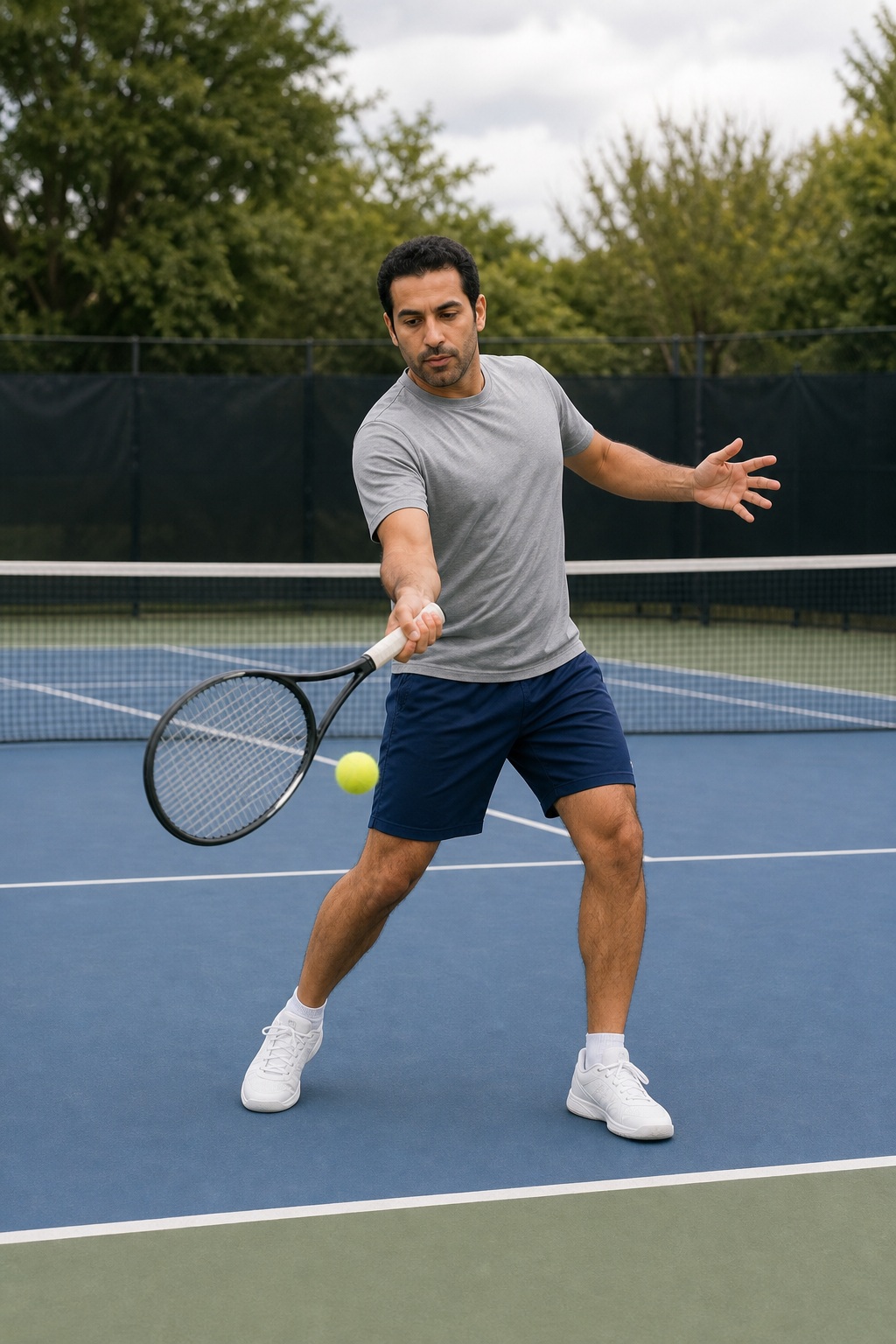 Man hitting a forehand on an outdoor tennis court with a racket and tennis ball