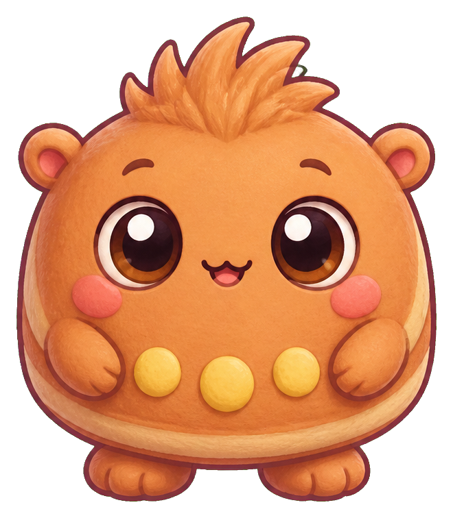 Round orange kawaii monster with big eyes, tiny ears, and yellow belly dots.