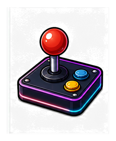 Retro arcade joystick with red ball top and neon-lit buttons on a black base.