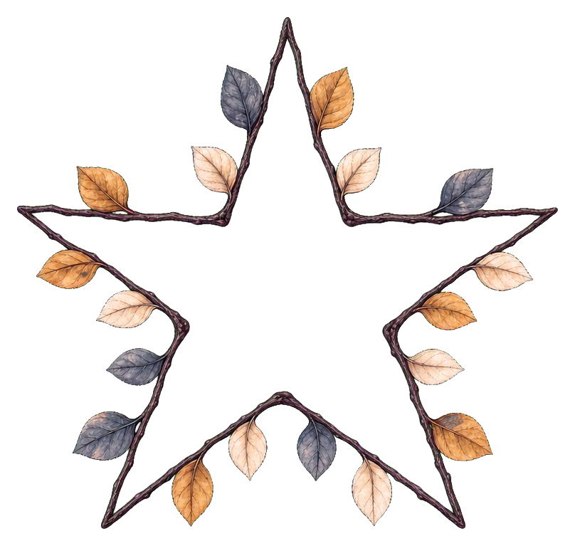 Black star outlined with small laurel leaves in gold, gray, and beige around the edges.