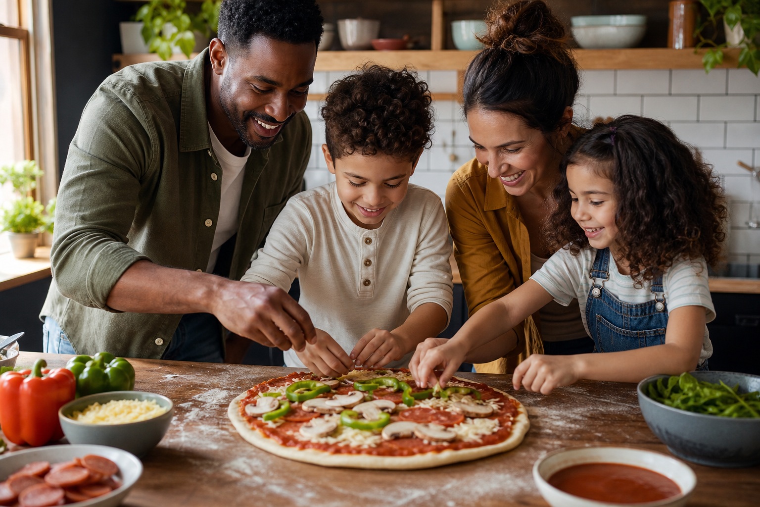 Family gathered around a kitchen table making a pizza together