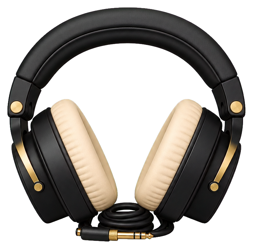 Black headphones with cream ear cushions and small gold accents
