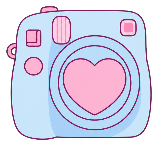 Cute pastel baby blue instant camera with a pink heart on the front