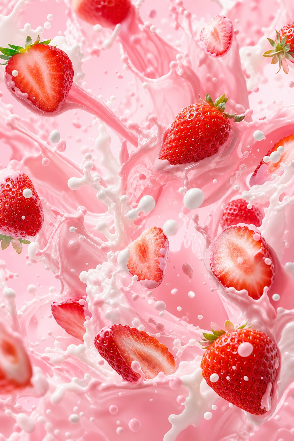 Pink creamy strawberry milk texture with sliced strawberries and splashes