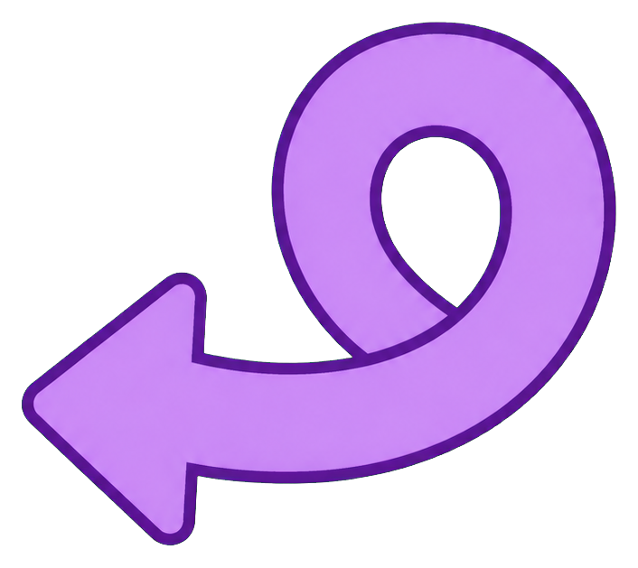 Purple curved geometric arrow sticker pointing left with a dimensional outline