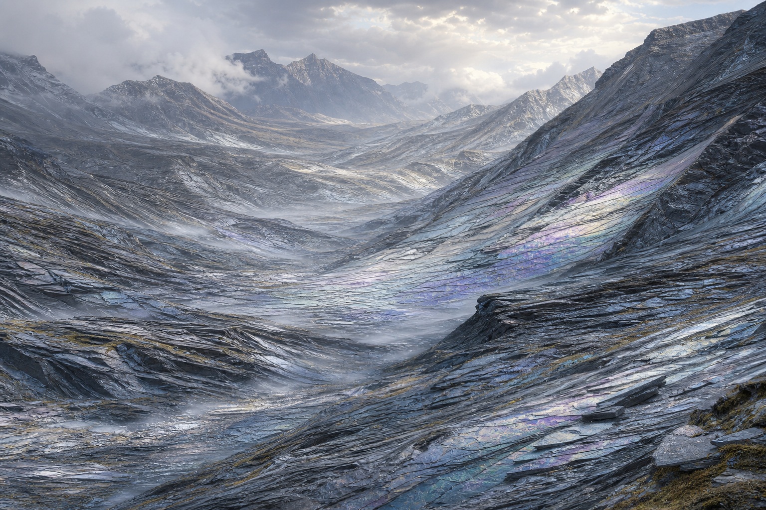 Iridescent shale mountains under a pale silver dawn sky