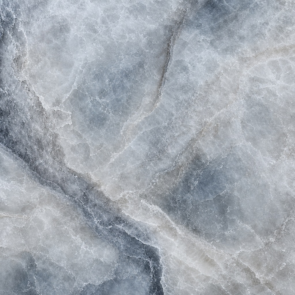 Cool silver stone surface with soft cloud-like veining and natural texture.