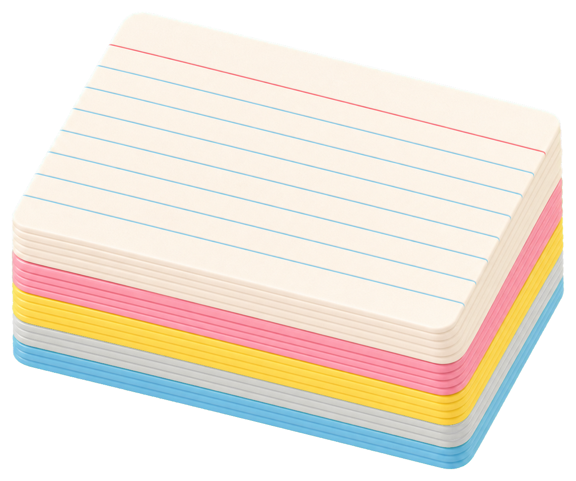 A neatly stacked pile of lined index cards with colorful edges.