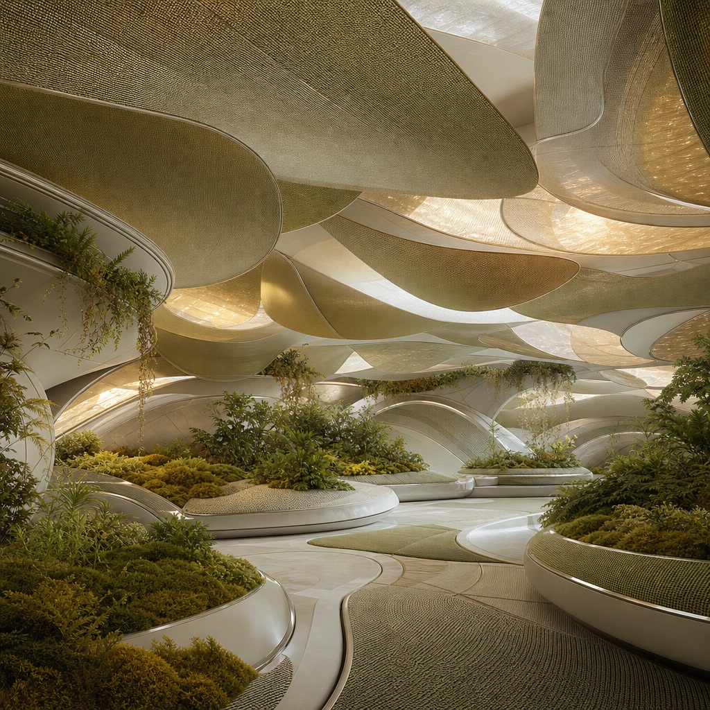 Curved futuristic interior with sunlit moss-covered planters and soft canopy panels