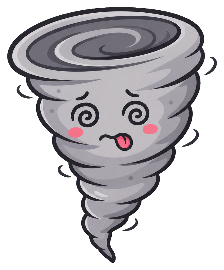 Cute gray tornado with dizzy spiral eyes, pink cheeks, and tongue sticking out
