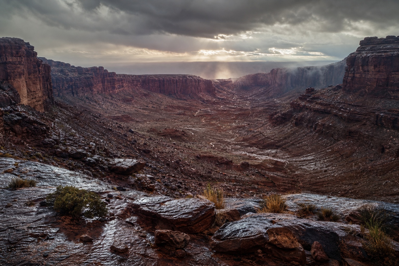 Dramatic desert canyon amphitheater with sandstone formations at dawn light