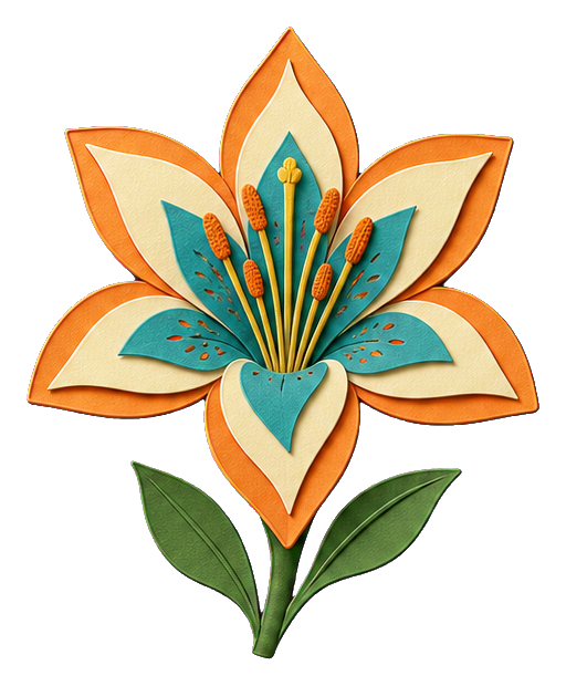 Layered paper cut lily with cream, orange, and teal petals and green leaves
