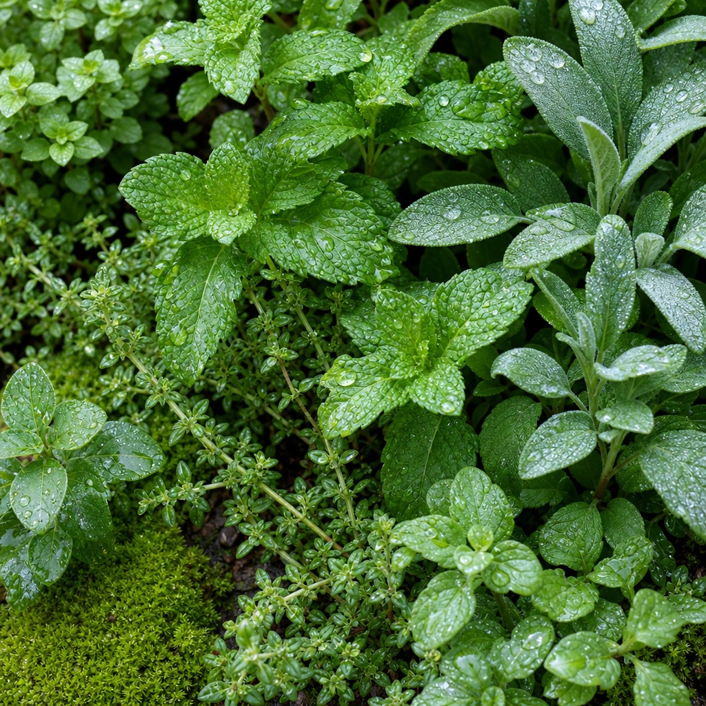 Close-up of fresh green wet leaves and tiny rain droplets in a garden texture
