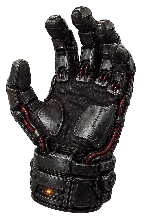 Black reinforced mechanical glove with red details and a small orange light at the wrist