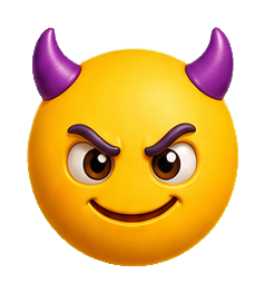 Yellow devilish face emoji with purple horns and a mischievous smile