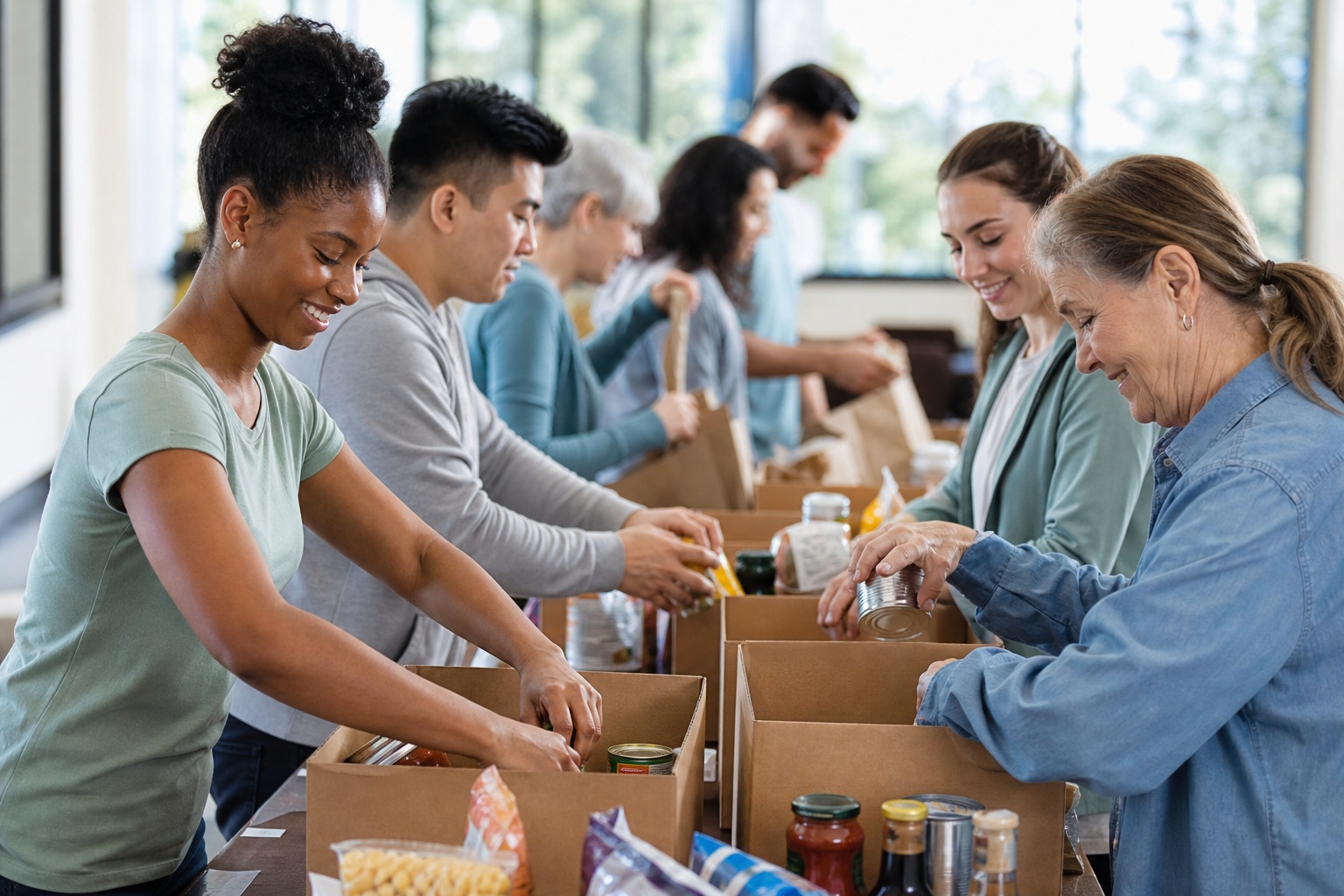 Volunteers sorting pantry boxes at an outdoor community table.