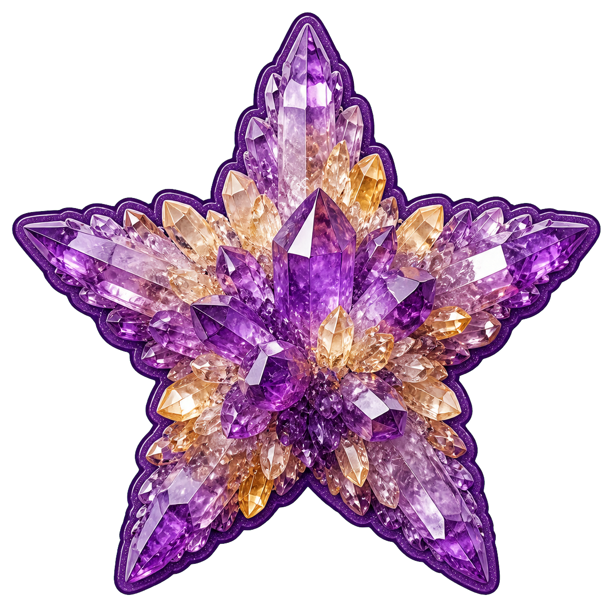 Purple and gold crystal star cluster shaped like a sparkling star.