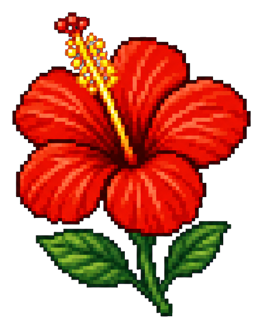 Red pixel art hibiscus flower with green leaves on a dark background