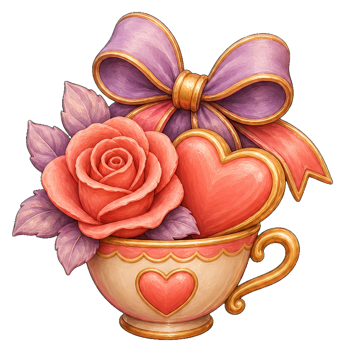 Heart teacup with a rose, pink bow, and leaf accents for Mother's Day