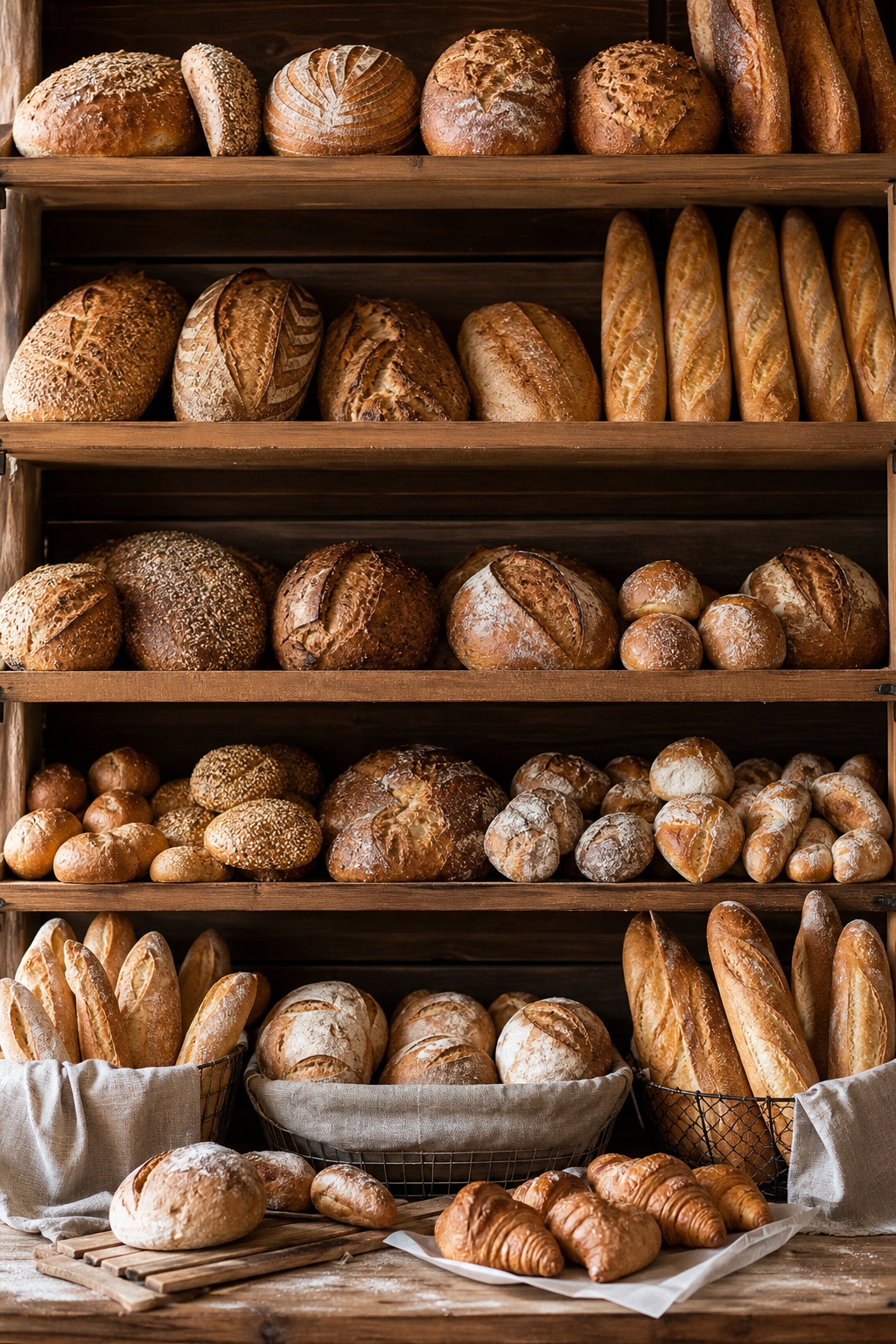 Wooden shelves filled with assorted artisan breads, loaves, baguettes, and pastries in daylight.