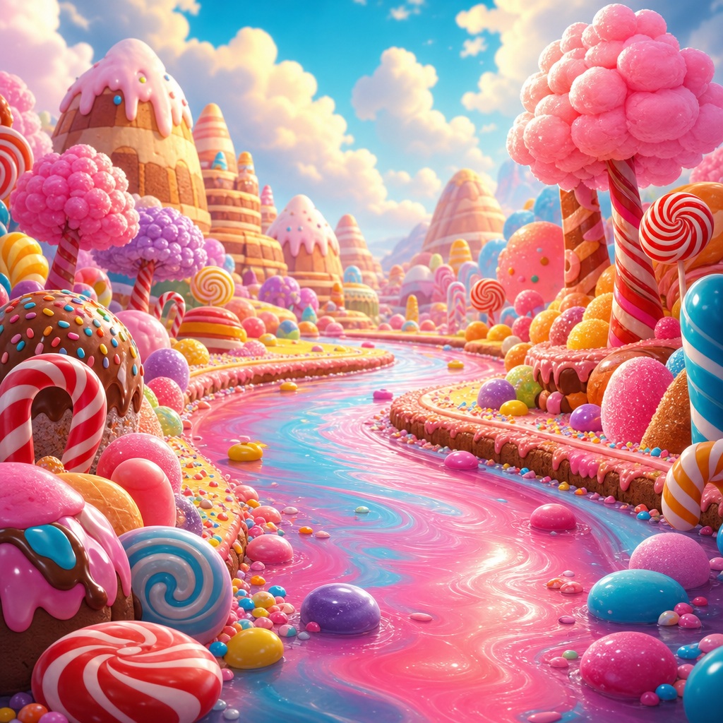Colorful candy landscape with a winding pink river, lollipops, and cotton candy trees.