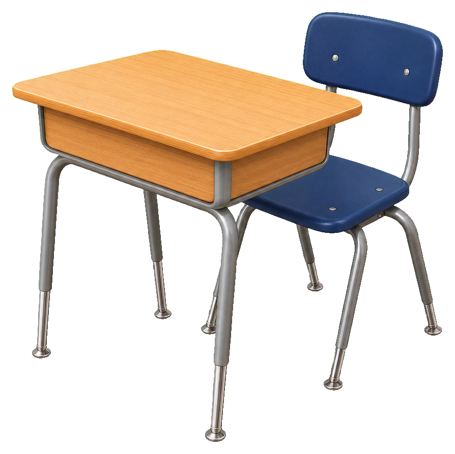 A wooden school desk with a blue chair on metal legs.